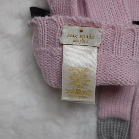 Kate Spade NY O/S Pink Bow Tech Knit Winter Gloves Mittens Grosgrain Wool Blend - Picture 4 of 8